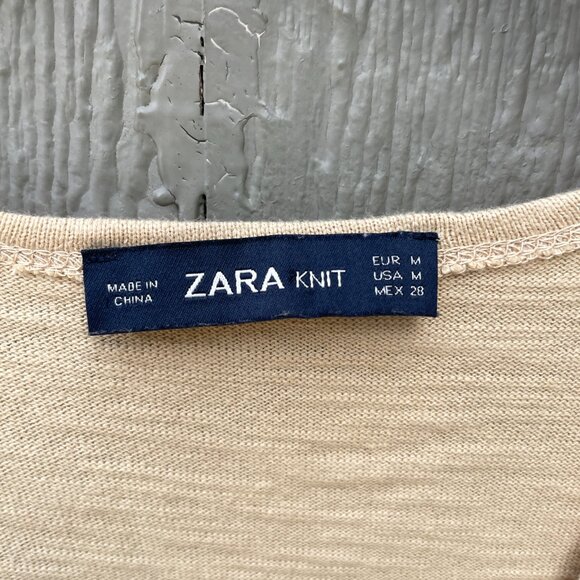 Zara Knit Dress Size M Embroidered Tan Red Floral Faux Wrap Mini Jersey Stretch - Picture 4 of 5